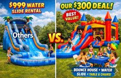 Waterslide or Ball Pit with a bounce house with Table and Chairs Package